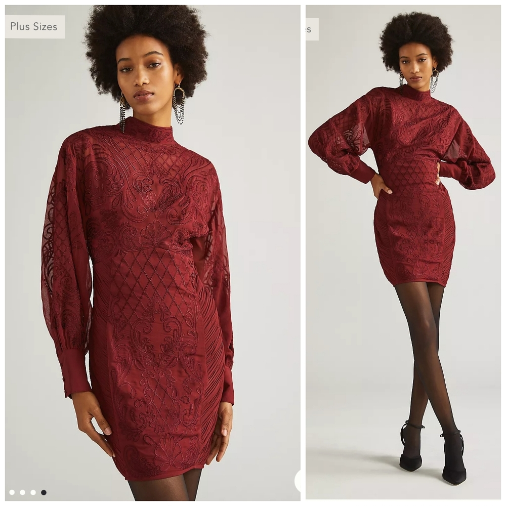 Anthro + Lace embroidered mini red / wine holiday dress. NWT